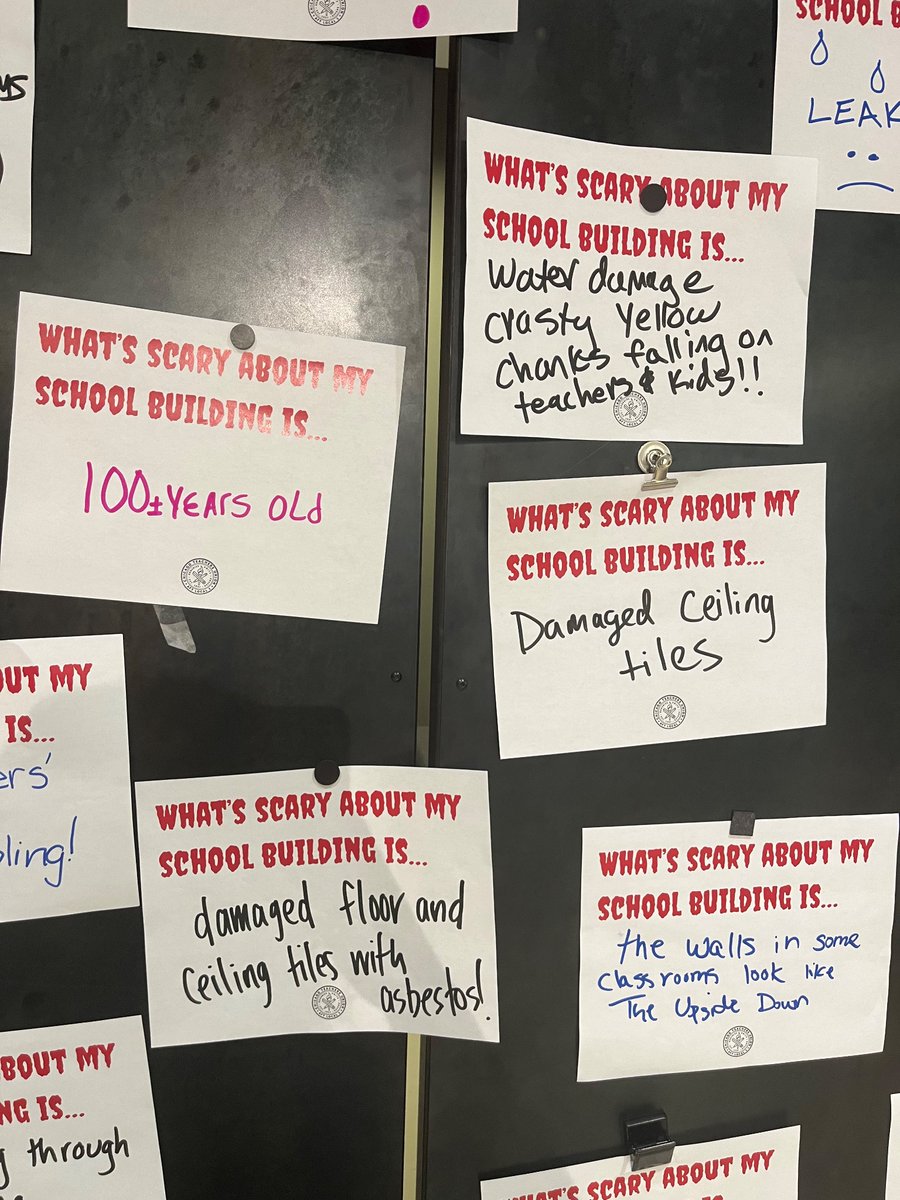 At tonight’s meeting school delegates shared scary stories about their school facilities “water damage, crusty yellow chunks falling on teachers and kids.”