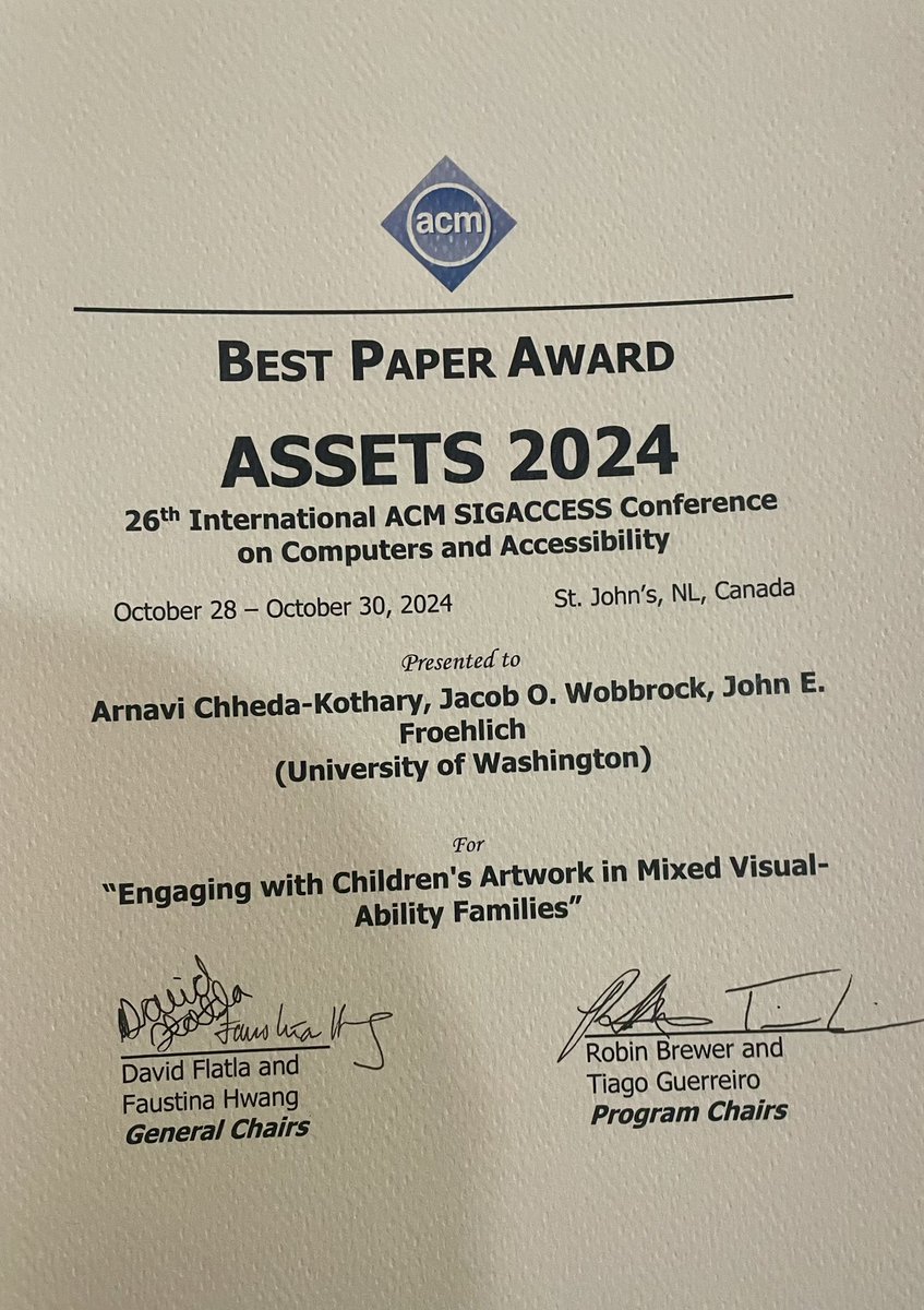 Excited, honored, and humbled to receive the #ASSETS24 Best Paper award for our work, “Engaging with Children’s Artwork in Mixed Visual-Ability Families”! Huge shoutout to my wonderful advisors, <a href="/wobbrockjo/">Professrly Wobbrock 🧐</a> and <a href="/jonfroehlich/">Jon Froehlich</a>. Check out the full paper at: doi.org/10.1145/366354…