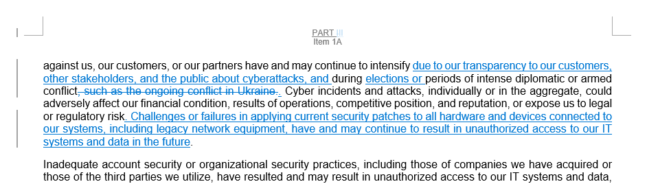 DarioCpx's tweet photo. Look what I found out... 👀⚠️

$MSFT subtly amended their "Risk Factors" in the latest 10-Q and they added "elections" as a factor that can increase the risk of being subject to a cyberattack

Personally adding this only now 5 days before #USElection2024  smells so wrong to me