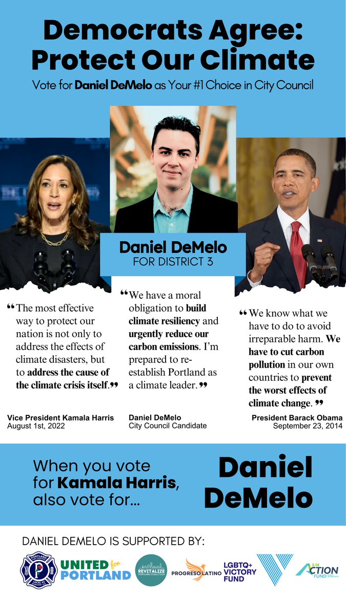 Daniel DeMelo agrees with President Barack Obama and Vice President Kamala Harris: we need to end homelessness, build more homes, support public transit and protect our climate. 

Rank Daniel DeMelo #1 for Portland City Council.