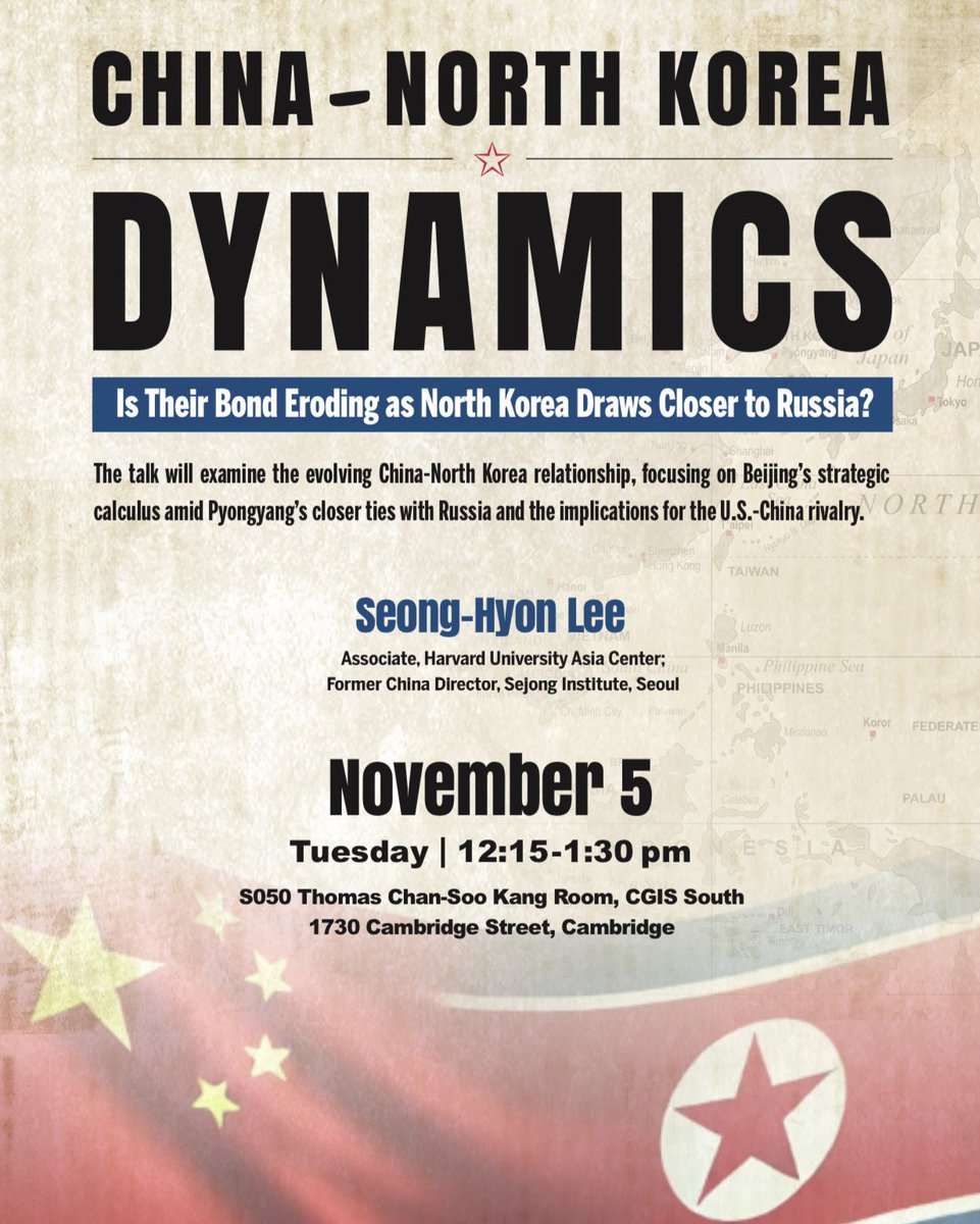 Tuesday, November 5, 12:15 p.m.
Speaker: Seong-Hyon Lee, Associate, Former China Director, Sejong Institute, Seoul
Moderator: Andrew  Andrew Erickson, Professor of Strategy, China Maritime Studies Institute, U.S. Naval War College 
Register here: docs.google.com/forms/d/e/1FAI…