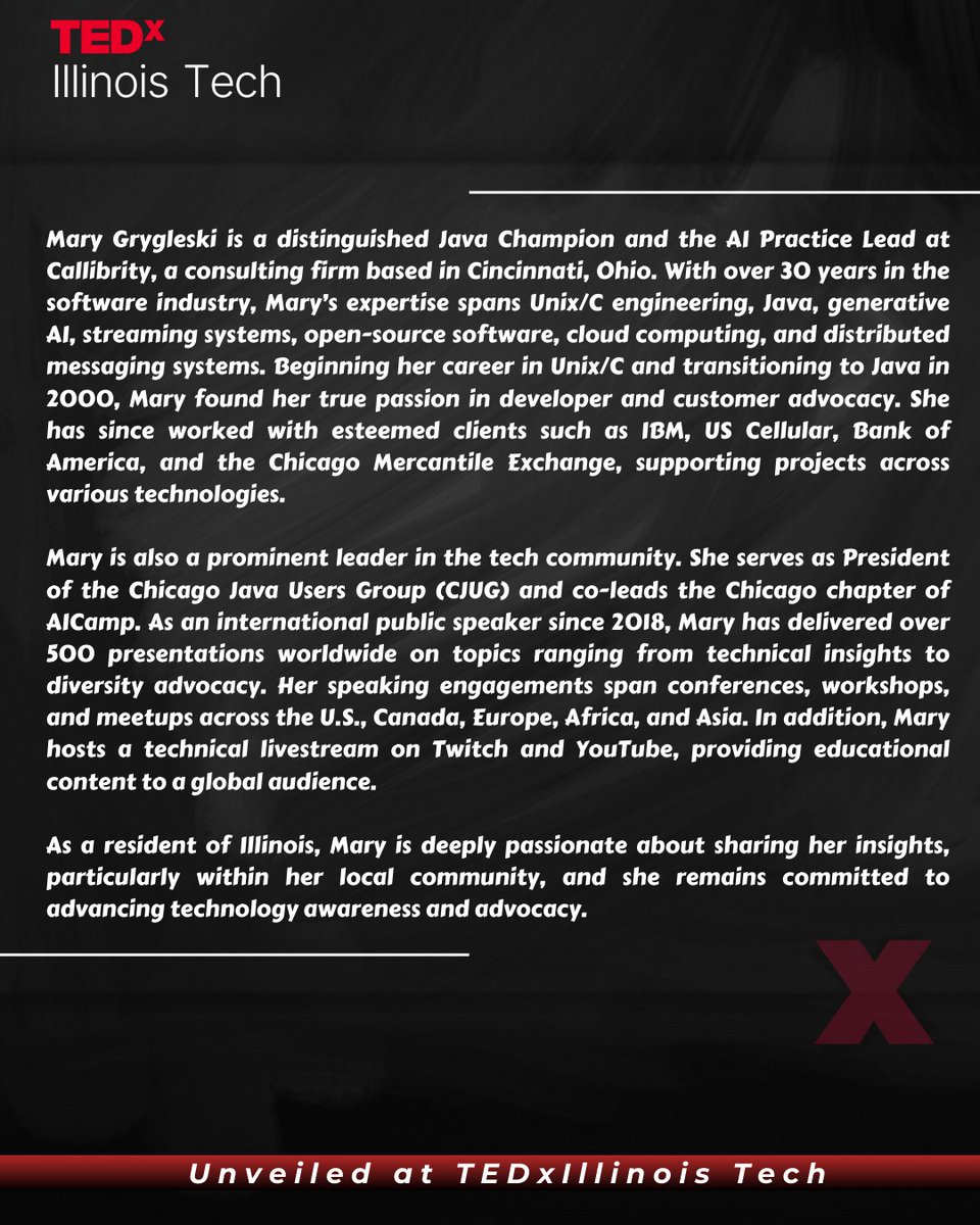 TedxIITC's tweet photo. 🌟We’re excited to welcome @mgrygles, AI Practice Lead at @callibrity, Java Champion, President of @cjug, and Co-Lead of the Chicago chapter for @aicampai! Her TEDx talk, "The Paradoxical Phenomenon of Generative AI," is sure to challenge your perspective on AI. #TEDxIllinoisTech https://t.co/II6RUYlOdD