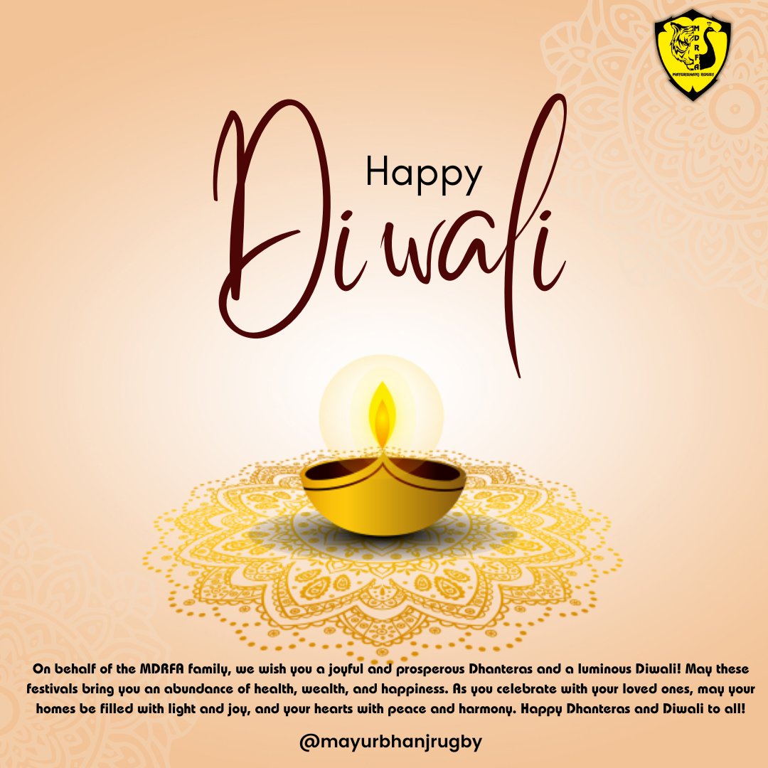 MayurbhanjRugby's tweet photo. On behalf of the #MDRFA family, wishing you all a Happy Diwali filled with light, joy, and prosperity. May this festival bring unity, strength, and success to everyone. ๐ช๐๐
#happydhanteras2024 #DiwaliCelebration #MayurbhanjRugby #FestivalOfLights @GC_Murmu @Vkpandianfancl1 https://t.co/Cb4SjUU1GA