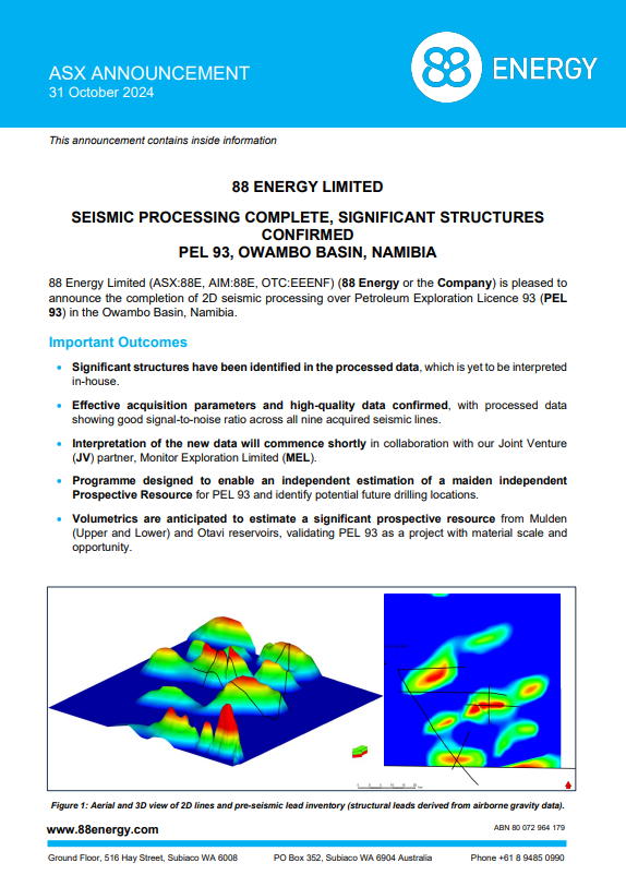 88EnergyLtd's tweet photo. $88E has completed 2D seismic processing on PEL 93 in Namibia’s Owambo Basin, revealing key structures with high-quality data. Next steps: interpretation with JV partner Monitor Exploration to estimate Prospective Resource &amp; map future drill sites.

➡️ https://t.co/zPT27wg9eh https://t.co/v2V9izEPRL