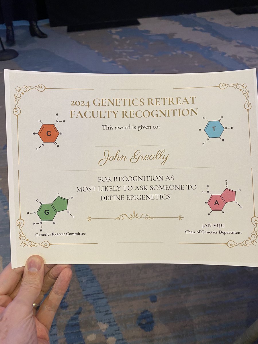 greally's tweet image. Thanks to the organisers of the @EinsteinGenes retreat for my award today
