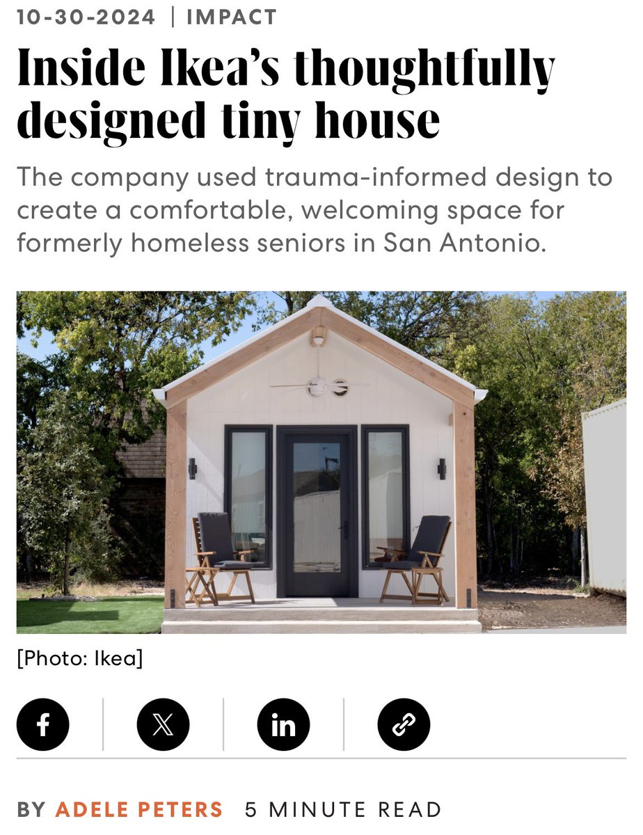 So there's a new tiny house village in San Antonio. The news here is that  Ikea designed the houses. 200 tiny homes for seniors who have been homeless  for at least 1, image size:924x1200