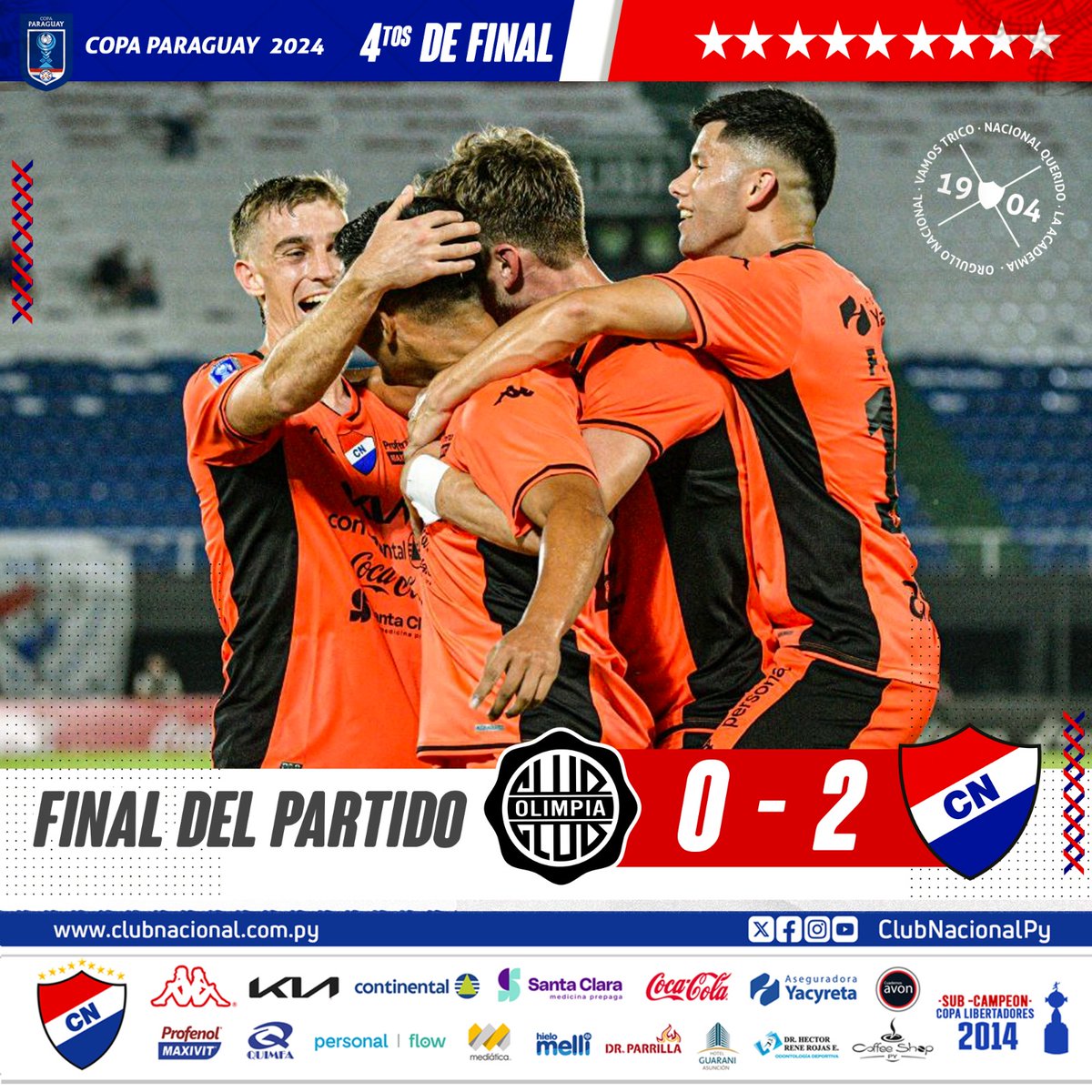 #CopaParaguay2024🏆

🔜 Cuartos de Final 

𝗙𝗶𝗻𝗮𝗹 𝗱𝗲𝗹 𝗣𝗮𝗿𝘁𝗶𝗱𝗼 

GANÓ NACIONAL  !! 🤩 

Olimpia 0️⃣➖️ 2️⃣ #Nacional 

⚽️ Tiago Caballero 
⚽️ Fabián Franco 

#120Años #VamosNacional 🔴⚪️🔵