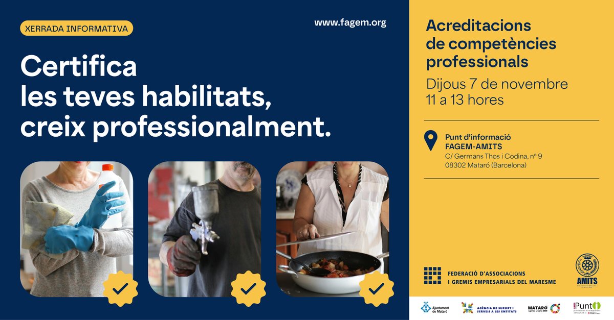 El procés d'acreditació de competències professionals permet obtenir un certificat oficial que reconeix el que sap fer un professional. Però saps com obtenir-lo? Totes les respostes el proper dijous a partir de les 11 hores. <a href="/asociacionamits/">Asociación AMITS</a> 

fagem.org/esdeveniments/…