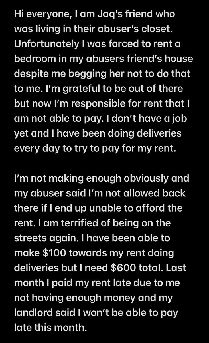 artbyjacstudio's tweet image. Mutual Aid needed! Please share‼️

My friend who isn’t able to crowdfund for themselves due to abusers potentially watching their socials is in need of help making rent so they aren’t put out on the streets.

Included is their statement&amp;amp; my Venmo. All funds will be forwarded. 🤍