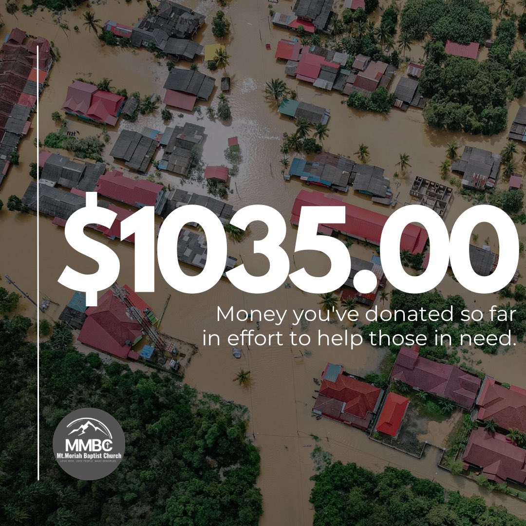 Dear Church Family,

I am overwhelmed and deeply grateful to share that, through your generosity, we’ve raised $1,035 to help those affected by the recent hurricane. Thank you for responding to this call to help in such a tangible way.

Pastor Ryan