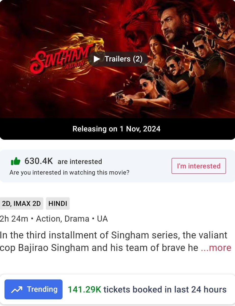 amisandeep1's tweet photo. #SinghamAgain
#XT44
This is what it is, the ULTIMATE TRUTHπ₯π₯π₯π₯
#BMS lit with 140K+ tickets sold in last 24 hoursπ₯π₯π₯π₯
Just imagine what's coming upπ₯π₯π₯π₯
#SinghamAgain Tabaahi at the #BOπ₯π₯π₯π₯#YehDiwaliSinghamWali https://t.co/DrtRFXYdzG