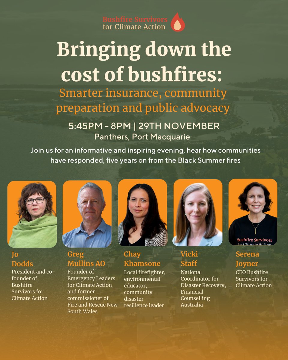 Are you near Port Macquarie? Join BSCA for an inspiring evening of learning &amp; connection!

Hear from experts on bushfire prep &amp; smart insurance, enjoy a mini film screening, connect with locals &amp; get resources from community stalls

🔗events.humanitix.com/bringing-down-…

#insurance #bushfire