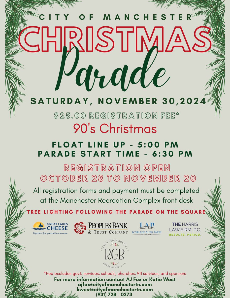 ManTNRec's tweet image. Registration is NOW OPEN for the 2024 City of Manchester Christmas Parade! 🎄

For more information about how to register, contact AJ Fox or Katie West at (931)728-0273 or stop into the Manchester Rec Center front desk!❄️