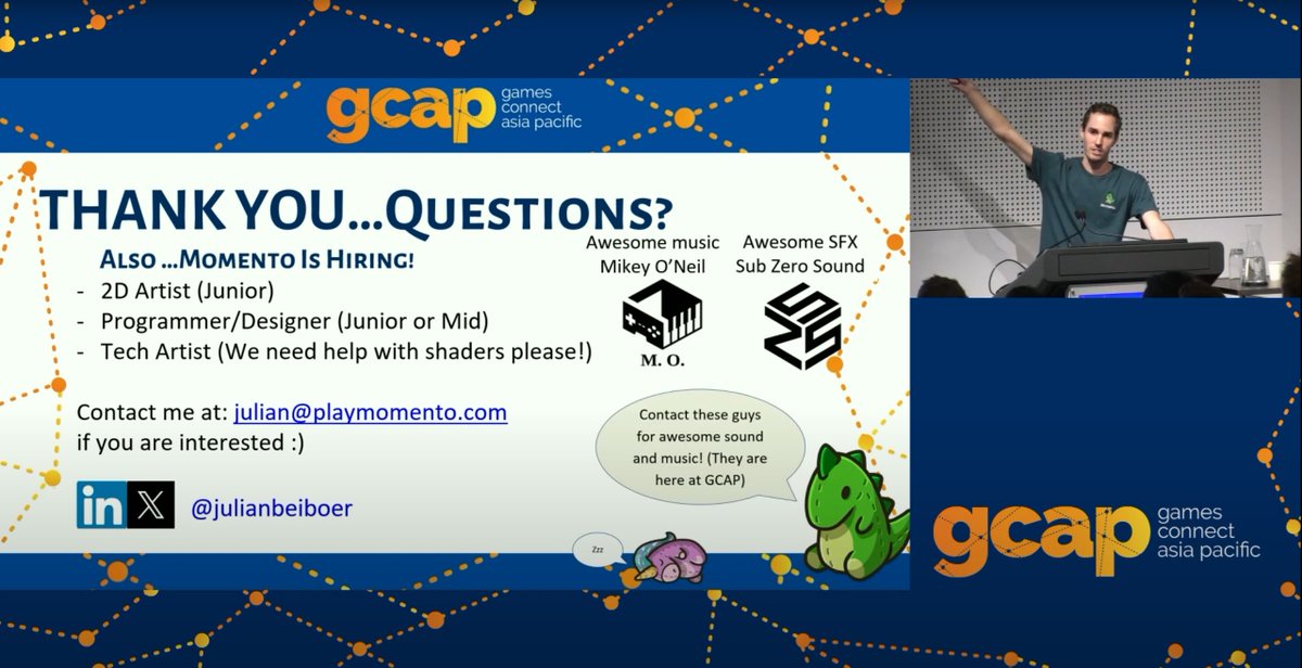 Matt Schenkel 🎮🔊 (@hxctropius) on Twitter photo Belated post-MIGW post, but now that the photos have been uploaded, I'm reflecting on how good <a href="/GamesWeekMelbs/">Melbourne International Games Week</a> was this year.
Panel at #HighScore24. At <a href="/GCAPConf/">GCAP 2024</a> catching up with mates old and new, getting a shout-out from the <a href="/FatAlienCat/">Momento - cozy room decorator🧸</a> team plus the
<a href="/indiebyog/">Indie BYOG</a> showcase! Belated post-MIGW post, but now that the photos have been uploaded, I'm reflecting on how good <a href="/GamesWeekMelbs/">Melbourne International Games Week</a> was this year.
Panel at #HighScore24. At <a href="/GCAPConf/">GCAP 2024</a> catching up with mates old and new, getting a shout-out from the <a href="/FatAlienCat/">Momento - cozy room decorator🧸</a> team plus the
<a href="/indiebyog/">Indie BYOG</a> showcase!
