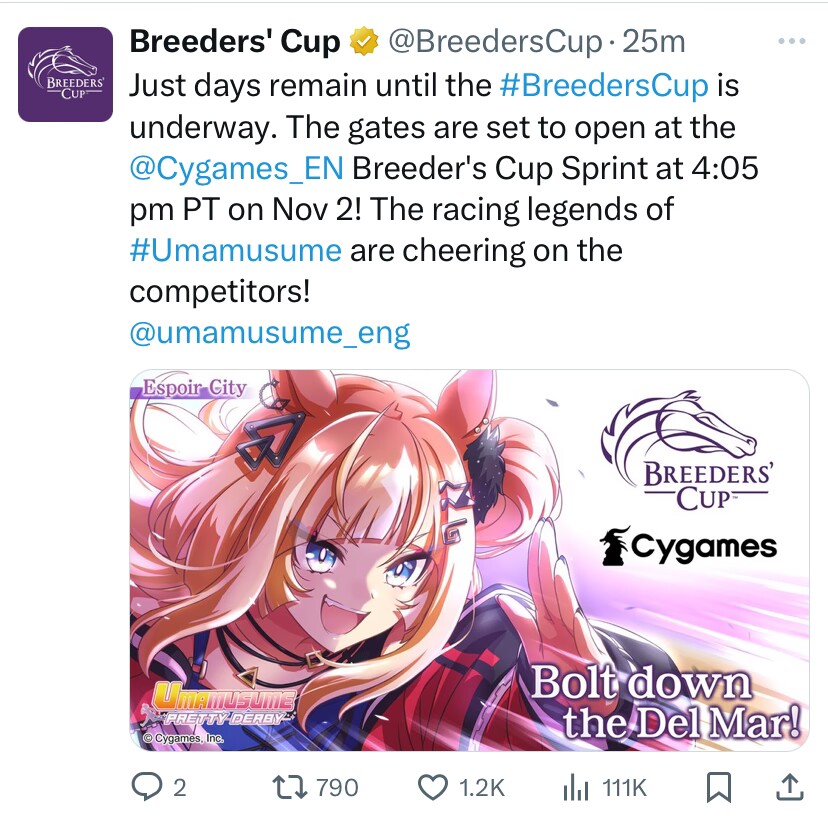 racingKilns's tweet photo. 12.
As the only Umamusume character to have raced in the Breeders’ Cup, Espoir City is a perfect choice for the BC x Cygames campaign. Although he didn’t compete in a sprint, he was part of the iconic 2010 Breeders’ Cup Classic, where Blame (by Arch) defeated the previously “untouchable” Zenyatta (by Street Cry). Espoir City finished 10th out of 11 horses, but he’s far from a mere “NPC” horse—he’s a true legend in Japanese dirt racing.

Espoir City’s sire is Golden Allure, a prominent dirt sire by Sunday Silence. His name “Espoir” means “hope” in French. His dam line is one of Japan’s oldest, tracing back to the mare Tip Top (by Pirate of Penzance), imported in 1903. A defining trait of this line is its strength on dirt. Due to dirt racing’s lower popularity in Japan, despite his rich dirt bloodline, Espoir City was initially trialed on turf. He managed to break his maiden, but after a 7th-place finish in his seventh race, his connections decided to try him on dirt.

He immediately began establishing his dominance on the new surface, winning his first dirt race by seven lengths. From ages 3 to 8, Espoir City went on to win two G1 races and seven Jpn1 (highest grade in Japan, restriction of foreign entry apply) races, accumulating $6,668,298.12 in prize money and twice earning the title of JRA Best Dirt Horse (2009–2010). Since retirement, he has been standing at Yuushun Stallion Station, where he covered 79 mares this year, slightly fewer than the 101 he covered last year, possibly due to an increase in his stud fee by approximately $6,500 USD.

There is also a lesser-known, almost bittersweet story about his dam, Eminent City (by Brian’s Time). Due to the difficult delivery of her first foal, Espoir City, she sustained serious damage to her womb, and veterinarians initially banned her from breeding. According to the breeders at Ikuchise Bokujo, during this period, there was a strong push from the Tomoyuki Horse Club to have her euthanized. However, the breeders secretly managed her as a riding horse owned by Scarlet Riding Club for several years. Following Espoir City’s success, they revealed to the club, “We actually kept her.”

@umamusume_eng @BreedersCup @LongBallToNoOne 

Thanks for reading! If you enjoyed this story, please leave a comment or like, or feel free to ask me anything about it!