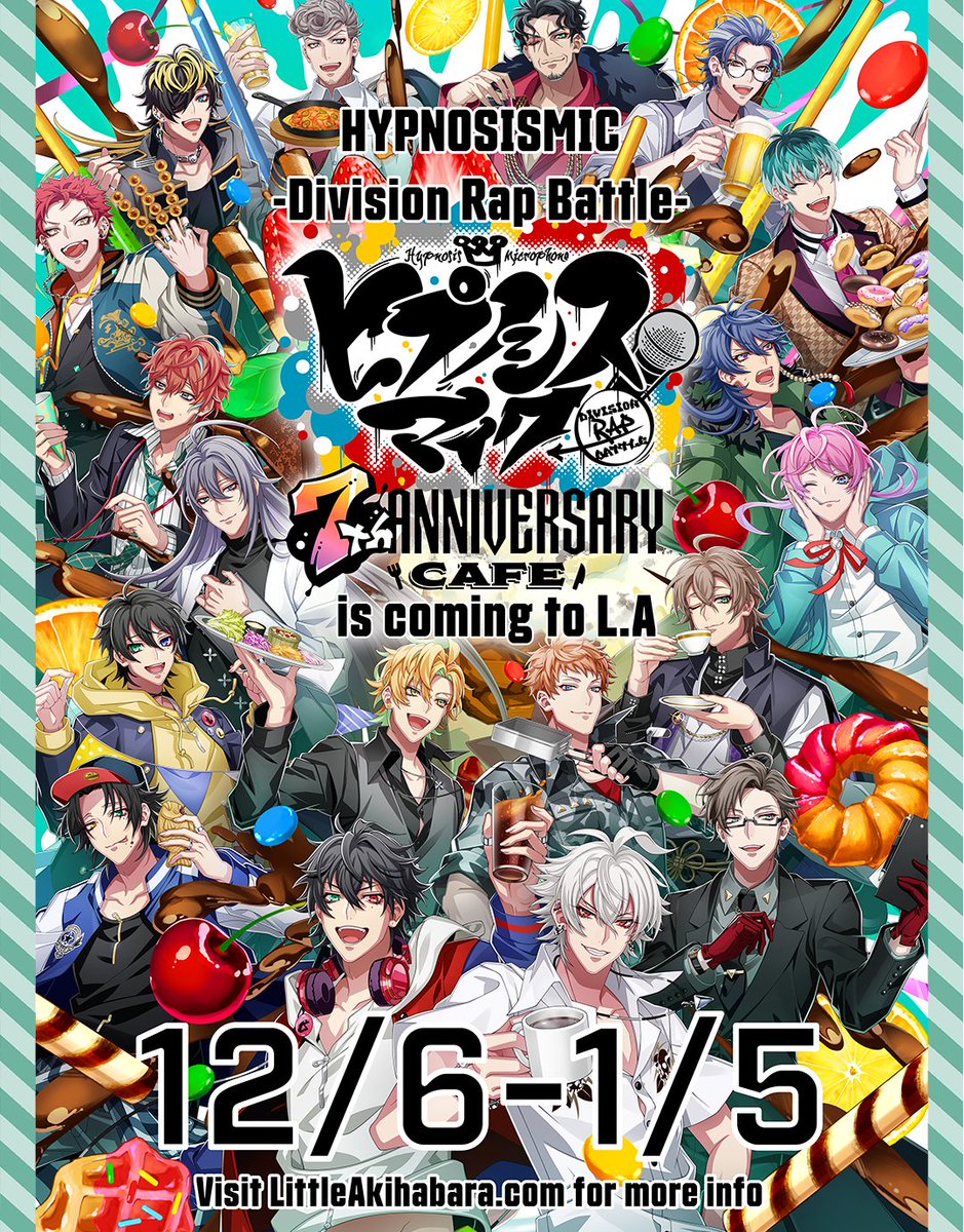 littleakiba_LA's tweet photo. We're bringing the HYPNOSISMIC -Division Rap Battle- 7th Anniversary Cafe to YOU at Akiba Pop-up &amp; Live!! 🎉🎉🎉

🗓️12/6 - 1/5
📆Thursday - Sunday
🧭Akiba Pop-Up &amp; Live 319 E 2nd. Street, Los Angeles, CA 90012

Visit our website for more info!
 @hypnosismic #hypnosismic #hypmic https://t.co/HIsEgHPgmi