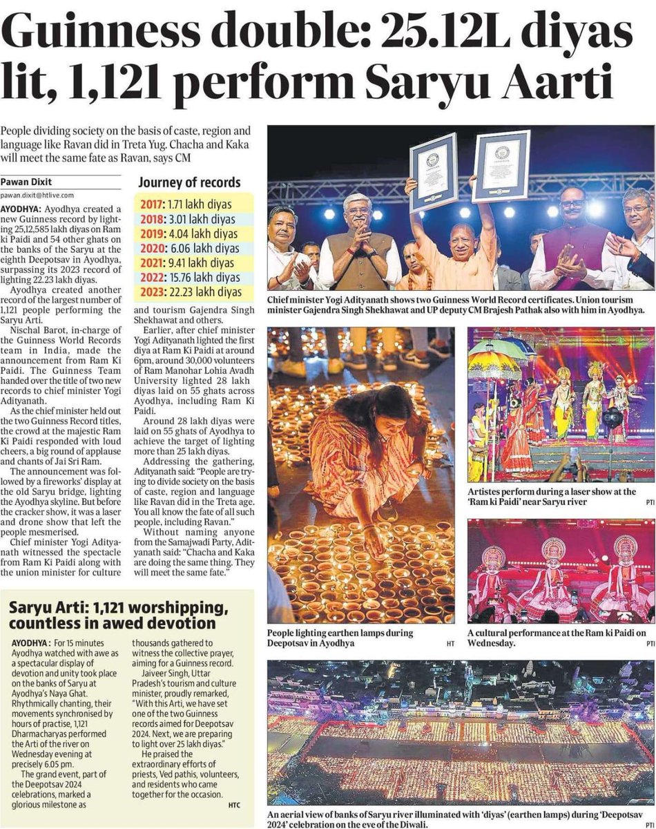 myogioffice's tweet photo. Guinness double: 25.12L diyas lit, 1,121 perform Saryu Aarti https://t.co/NlfVBA4mQ9