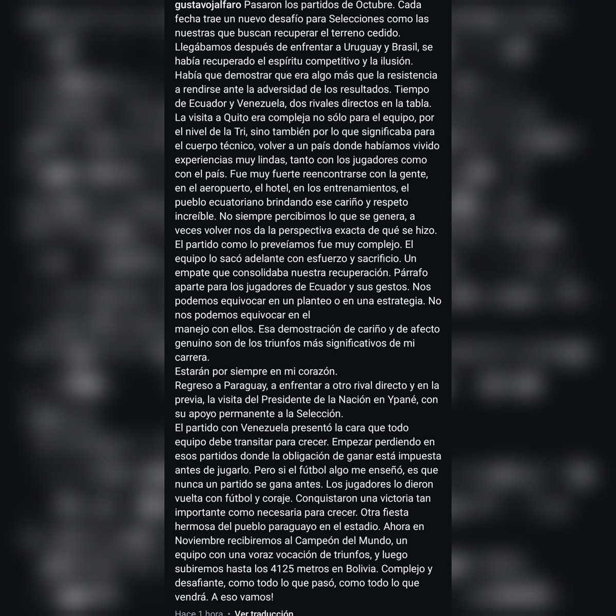 La reflexión de Gustavo Alfaro, técnico de la Selección Paraguaya. 

"Pasaron los partidos de Octubre. Cada fecha trae un nuevo desafío para Selecciones como las nuestras que buscan recuperar el terreno cedido. 

Llegábamos después de enfrentar a Uruguay y Brasil, se había
