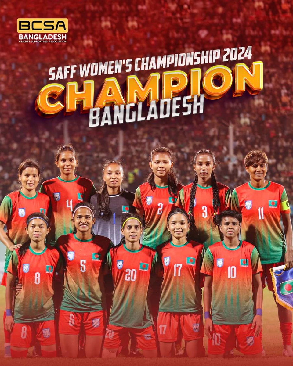 BCSA_Tigers's tweet photo. Congratulations to the Bangladesh Women's football team for their remarkable achievement in winning back-to-back SAFF Women's Championships! 🎉 

Here’s to more victories and continued success for Bangladesh football! ⚽🏆

#saffwomenschampionship2024 #champions #BFF #BCSA https://t.co/RCTjzVIMUd