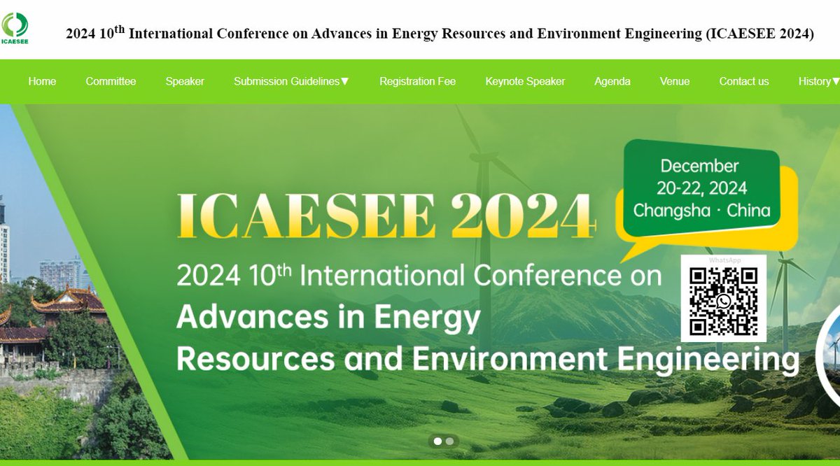 AiScholar01's tweet image. 2024 10th International Conference on Advances in Energy Resources and Environment Engineering (ICAESEE 2024), will be held on December 20-22, 2024 in Changsha, China.

Conference Website:
ais.cn/u/nqeue2

#internationalconference #EnergyResources #EnvironmentEngineering