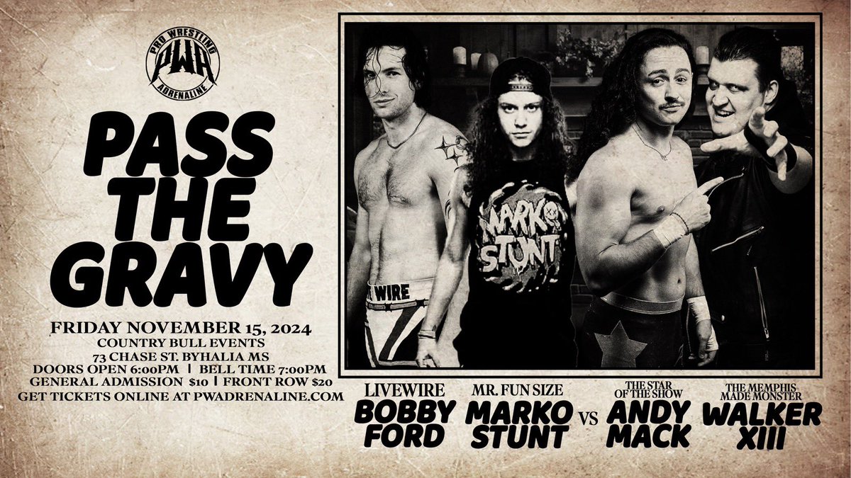 🚨TICKETS ON SALE🚨

NOV 15th PWA Presents: Pass The Gravy!
Be there to witness our premier event in our NEW VENUE!

Announced at “From Dusk Till Devastation” this past weekend, it will be <a href="/thewalkerxiii/">𝑾𝑨𝑳𝑲𝑬𝑹 𝑿𝑰𝑰𝑰</a> &amp; @AndyMack901 taking on the team of <a href="/realmarkostunt/">Mr. Fun Size</a> &amp; <a href="/BobbyFord901/">“Live Wire” Bobby Ford</a> in the