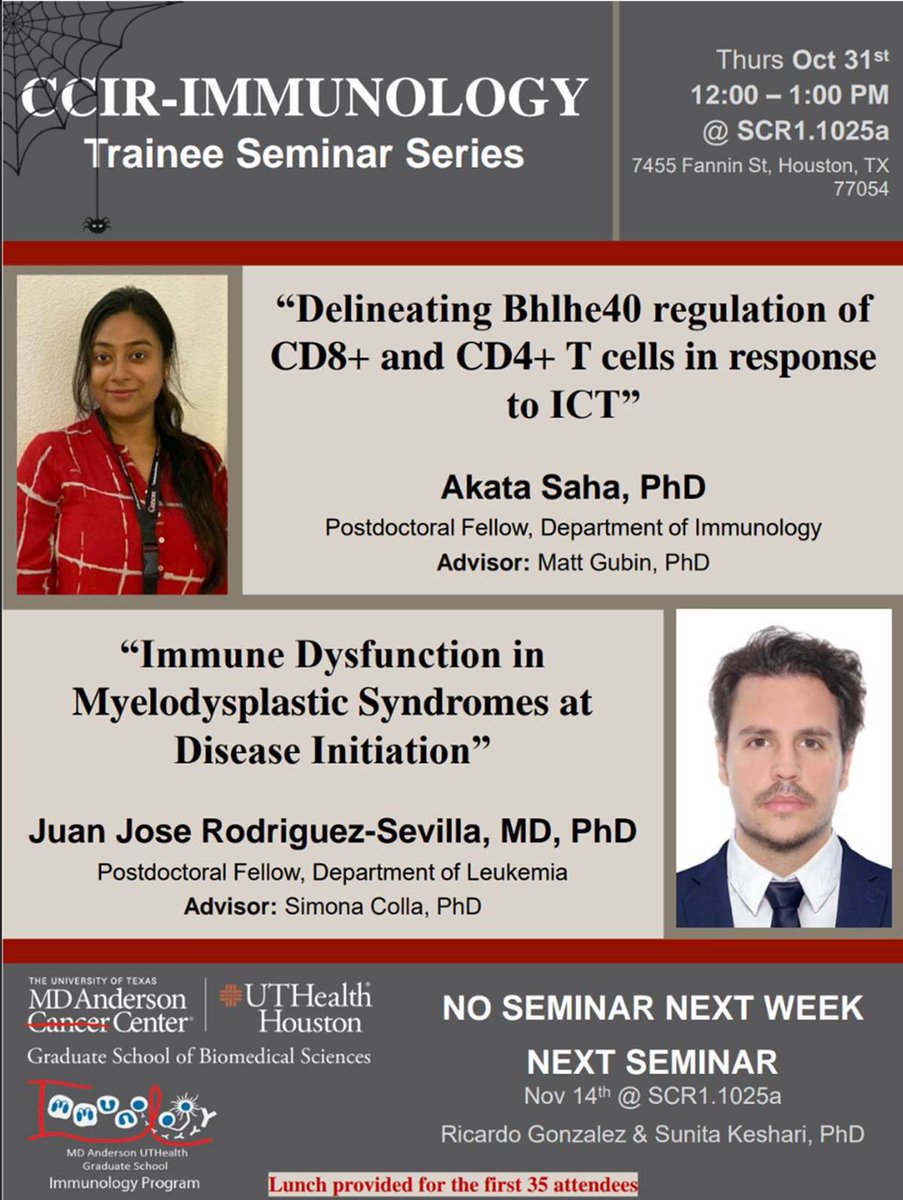 GSBS Immunology Program (@immunologygsbs) on Twitter photo CCIR-Immunology Trainee Seminar Series-
TOMORROW, 10/31 at 12 pm,
Dr. Akata Saha from Dr.
Matthew Gubin's lab <a href="/GubinMatthew/">Matthew Gubin</a> and
Dr. Juan Jose Rodriguez-Sevilla from Dr. Simona Colla's lab
will be presenting their research!
Lunch will be provided. CCIR-Immunology Trainee Seminar Series-
TOMORROW, 10/31 at 12 pm,
Dr. Akata Saha from Dr.
Matthew Gubin's lab <a href="/GubinMatthew/">Matthew Gubin</a> and
Dr. Juan Jose Rodriguez-Sevilla from Dr. Simona Colla's lab
will be presenting their research!
Lunch will be provided.