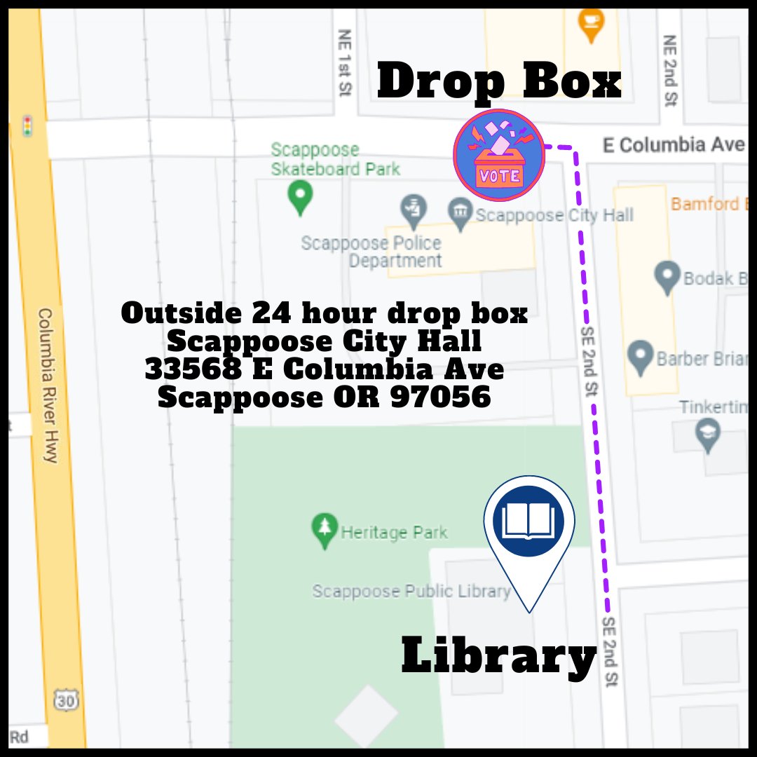 ScappooseLib's tweet photo. There's an official ballot dropbox around the corner! Ballots must be received by 8 PM on Tuesday, November 5th. https://t.co/G0PAtYIv0c