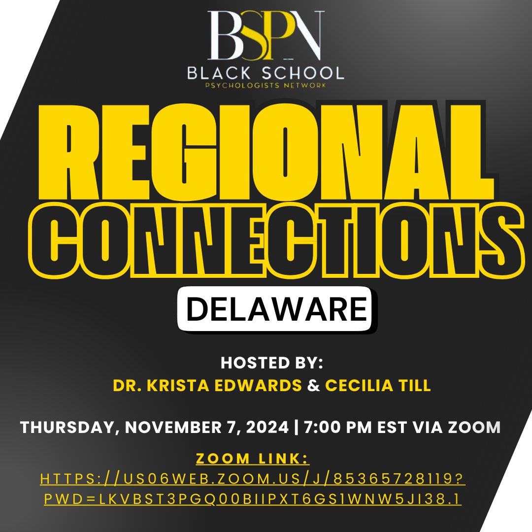 (1/2) BSPN is excited to host a pilot virtual Regional Connections meetup for Delaware school psychologists! Have  questions? Email Dr. Krista Edwards at krista@bspninc.com or Cecilia Till at cetill@udel.edu.