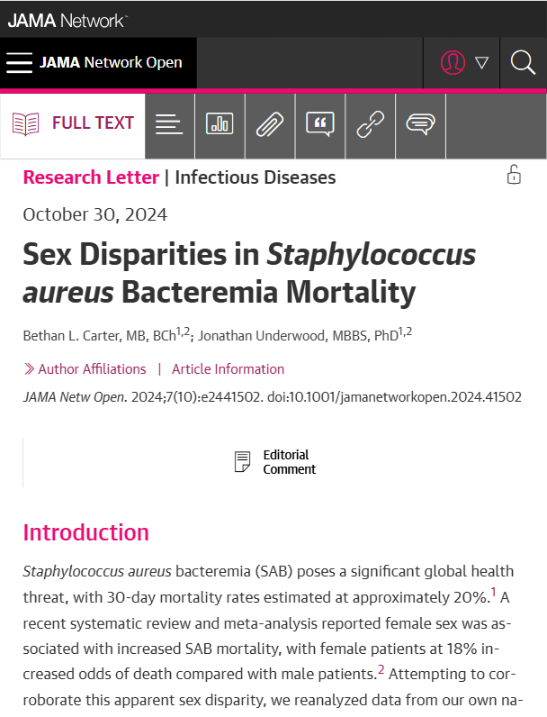 JAMANetworkOpen's tweet photo. Women with Staphylococcus aureus bacteremia have higher mortality rates, particularly from sepsis, vs men. This study’s findings highlight potential sex-based immune differences, but these disparities may relate to health care delivery system biases. https://t.co/2mq5lbGHg8 https://t.co/rSXTefUEDw