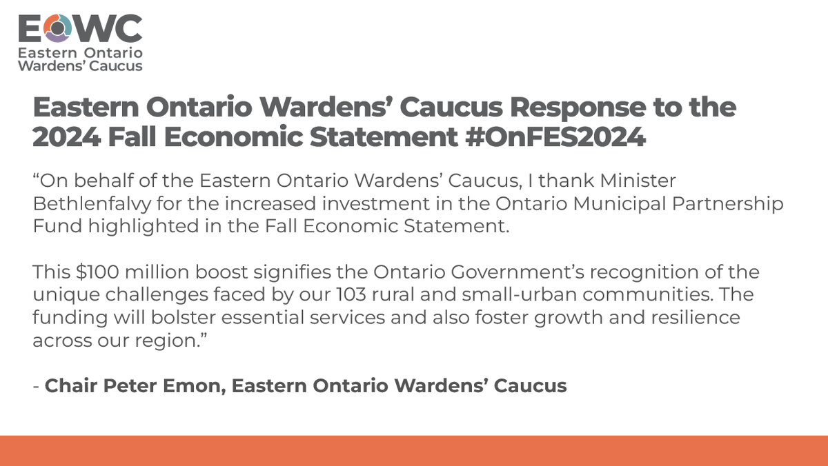 EOWC_ON's tweet photo. Today, Minister of Finance @PBethlenfalvy released the 2024 Fall Economic Statement. #OnFES2024

Read the Eastern Ontario Wardens' Caucus news release in response below. 

https://t.co/I3QsN9bVyX https://t.co/2auRGukntF