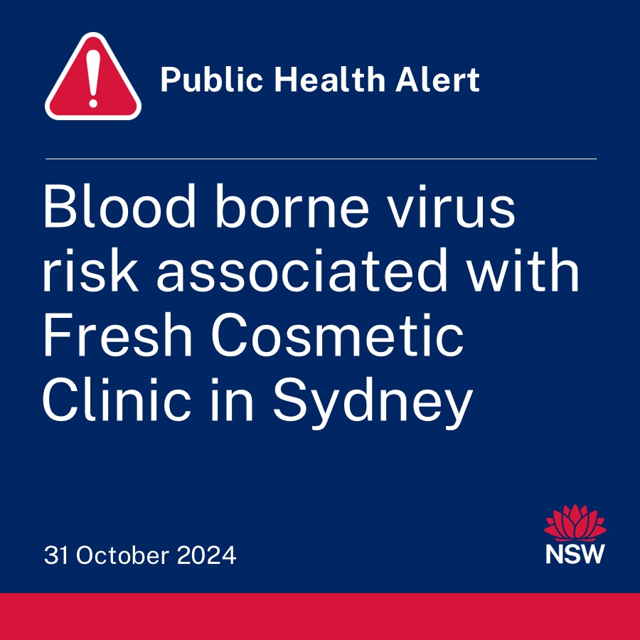 NSWHealth's tweet photo. NSW Health is advising some clients of Fresh Cosmetic Clinic, formerly located at 630 George Street Sydney, to get tested for blood borne viruses due to infection control breaches in the Clinic. Read the full media release: https://t.co/wTpZb6xEFo https://t.co/YQ6zxbSi9Q