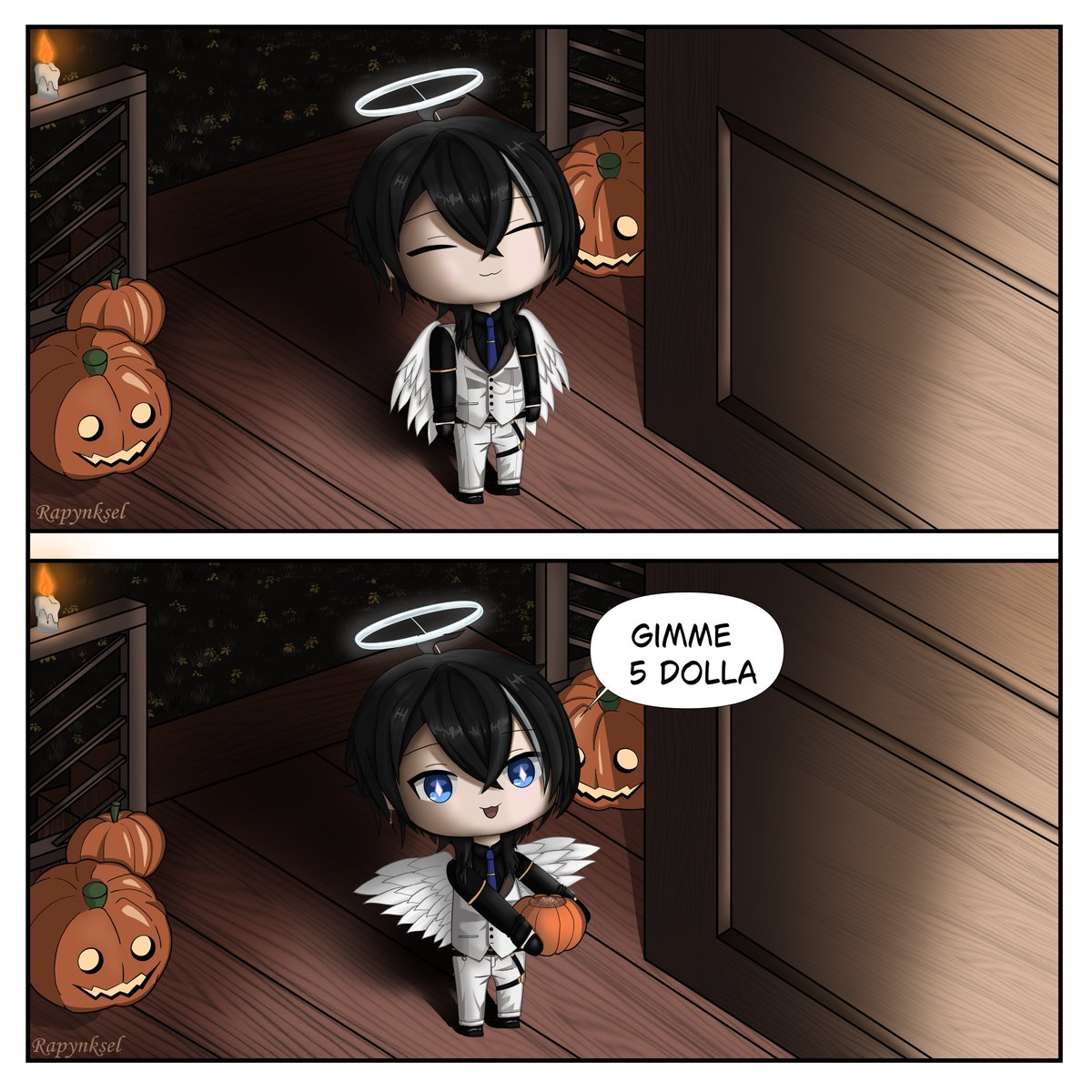 Rapynksel's tweet photo. Azeru in an... Azeru costume? 🤔
This is my first time drawing chibi, and I hope it's worth my sleepless nights over this art <3
(I wanted to draw the strings by which he pulls the wings, but it looked out of place)
#AzeruArt #AzeBoo #Halloweenart https://t.co/KT81Nt1ig5