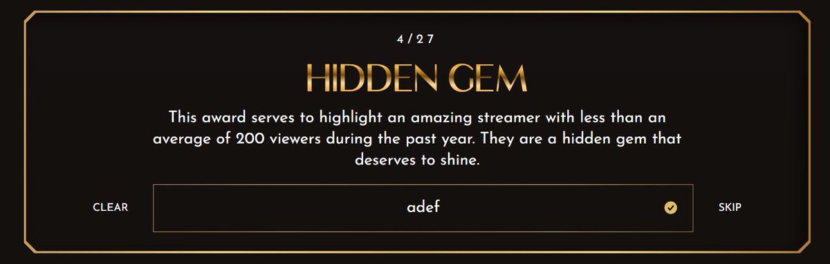 some folks have reached out saying they nominated me for the "Hidden Gem" category for the streamer awards.

this is a super sweet gesture, and I'm greatly appreciative.
if u want 2 be a part of the movement, go nominate :)