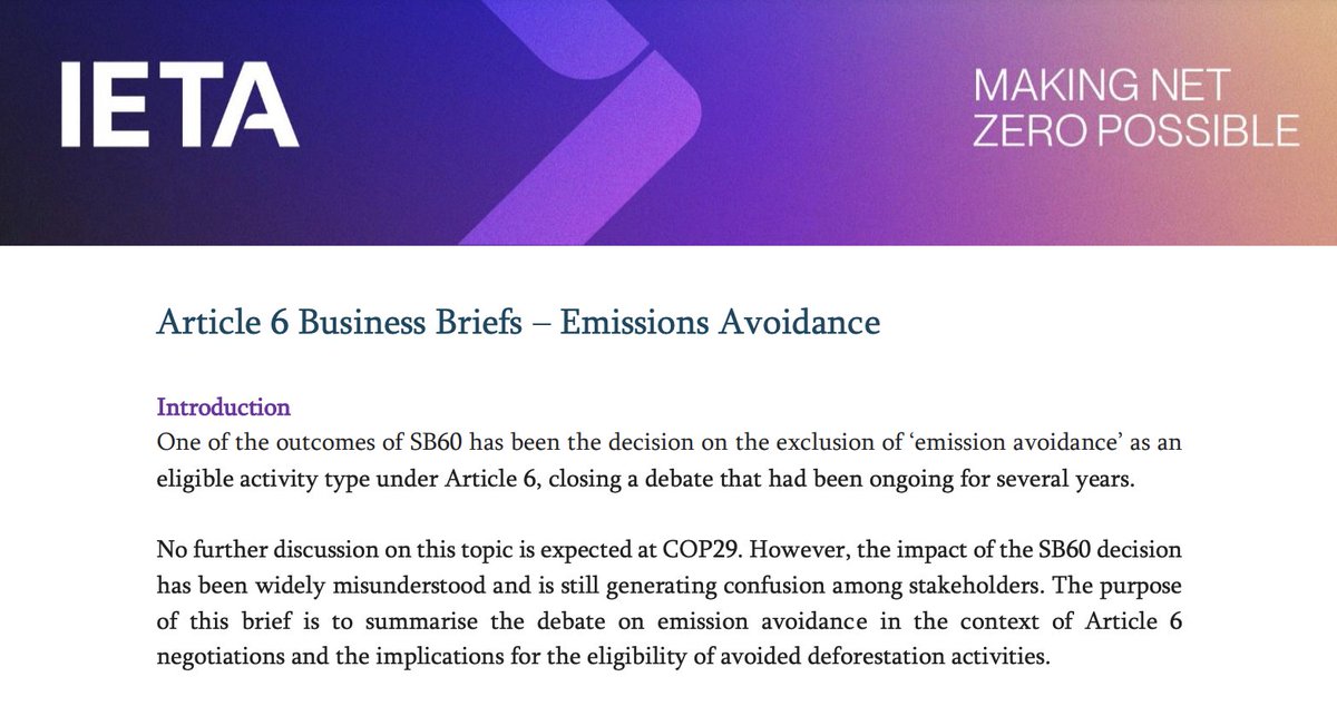 EveTamme's tweet photo. #EmissionAvoidance is not eligible under #Article6.

There is so much misunderstanding around what this decision from June 2024 means because this term has not been defined under the #UNFCCC.

The primary confusion comes from the voluntary #carbonmarket habit of interchangeably using emission reductions and emission avoidance. This is a result of:

1) building on the language of the mitigation hierarchy (avoid, minimise, restore offset), which has nothing to do with climate negotiations, and

2) the historical confusion brought about by the #CDM "emission avoidance methodologies" despite being created for reductions and removals. CDR methodologies are still widely used in the #VCM.

Then, there are the various emission avoidance interpretations in the climate negotiations themselves: avoided deforestation, avoiding the development of oil reserves (Ecuador), and avoiding building new coal power plants (Philippines).

As a consequence, I've heard several interpretations as if emission reductions are not eligible under Article 6 - and this is incorrect.

According to the #IPCC, there are two types of activities that help mitigate climate change - emission reductions and removals.

Shall we try to keep things simple? Or is there no way back anymore?

Check out a fantastic explainer on this topic by @IETA:
https://t.co/f2jgAYdOMb