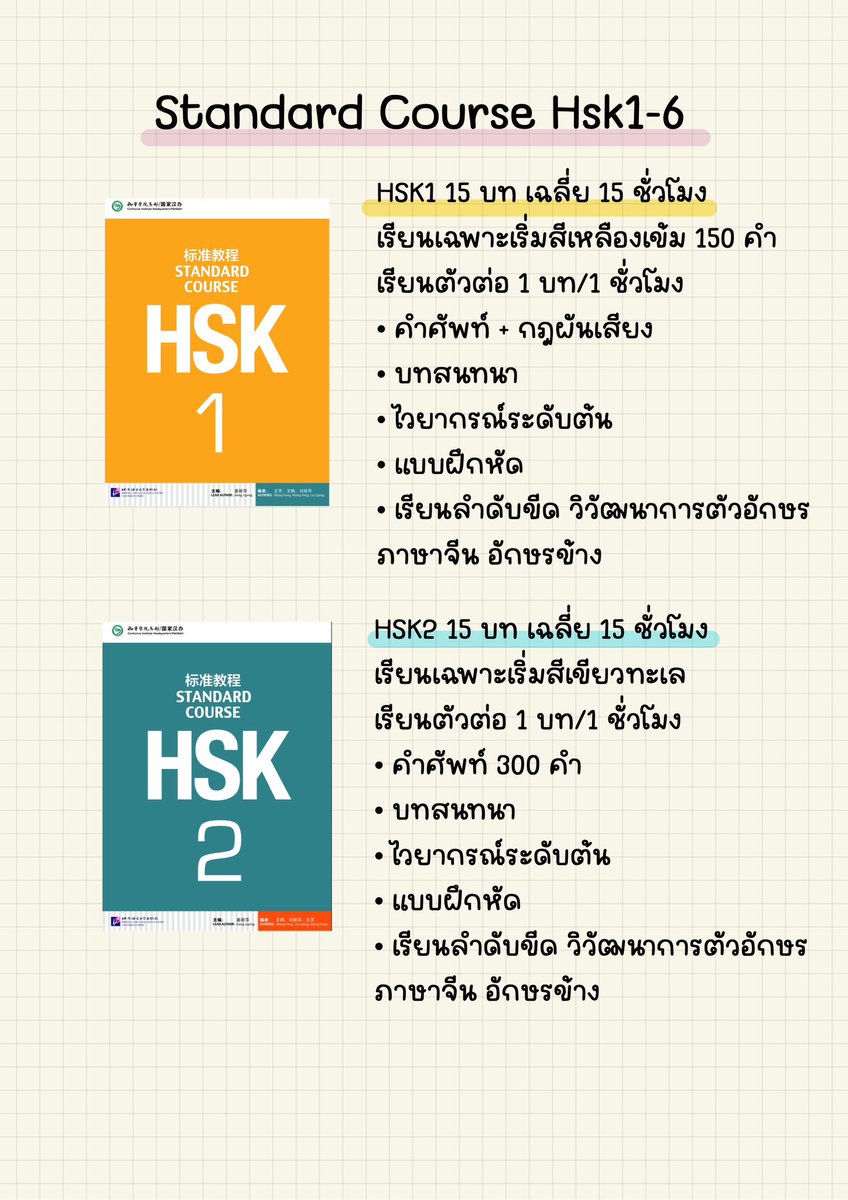 zinberland's tweet photo. Standard Course HSK1-6 เป็นหนังสือที่เรียนเสริมไว้สำหรับสอบ HSK โดยตรง เริ่มเรียนทีละบท เรียนคำศัพท์ อ่านบทสนทนา บทความสั้น บทความยาว ความยากตามลำดับ เรียนไวยากรณ์ต้น-สูง ทำแบบฝึกหัดท้ายคาบ หลักๆ คือ ควรจำคำศัพท์​ ไวยากรณ์ให้ได้ หากไม่แม่นคำศัพท์ หรือไวยากรณ์ควรกลับไปทบทวนใหม่ 

HSK1-3 คำศัพท์พื้นฐาน เน้นภาษาพูด ใช้ในชีวิตประจำวัน ไวยากรณ์พื้นฐานระดับต้นควรจำให้ขึ้นใจ 
HSK4 คำศัพท์ ไวยากรณ์ระดับกลาง ภาษาหนังสือเริ่มเข้ามา ให้ได้ฝึกอ่านบทความมากขึ้น ค่อนข้างวิชาการมากขึ้น เป็นระดับที่เรียนแบบหนักหน่วงอยู่พอสมควร
HSK5-6 คำศัพท์ ไวยากรณ์ระดับสูง อธิบายคำที่มีความหมายเหมือน ใช้งานเหมือนกัน และแตกต่างกัน เน้นภาษาหนังสือเป็นหลัก เป็นระดับที่เน้นใช้ในการทำงาน สามารถอ่านบทความได้หลากหลายหมวดหมู่ เน้นอ่านจับใจความ เน้นทำแบบฝึกหัด สิ่งที่ยากที่สุดคือ 病句 ต้องมี 语感 ระดับนึง บางคนเทเลย 😂

ดังนั้นควรเรียนตามลำดับความง่ายไปสู่ระดับยาก ควรท่องคำศัพท์ ทบทวนบ่อยๆ แต่เรื่องสอบ HSK เราสามารถข้ามกระโดดไปสอบระดับสูงได้ทีเดียว โดยไม่จำเป็นสอบทุกระดับ HSK3 เป็นต้นไปสอบพูด HSKK ด้วย 
HSK3+HSKKต้น  
HSK4+HSKKกลาง 
HSK5,6+HSKKสูง (สายงานเกี่ยวกับภาษาจีน + ชิงทุน) 

สิ่งที่อยากฝากทิ้งท้าย ควรทำข้อสอบหลายๆ ชุด มีเวลาในการเตรียมตัวอย่างน้อย 1-3 เดือน ไม่ควรติวก่อนสอบแบบเร่งรีบ เพราะว่าจะหน่วงกันทั้งสองฝ่าย และควรรักษาสุขภาพดูแลตัวเองดีๆ 

คะแนนน้อยเพราะว่าอะไร หรือสอบไม่ผ่านเพราะ？
ปัญหาการฟัง： คลังศัพท์ไม่มากพอ ไม่ค่อยได้ฝึกฟัง ไม่มีสมาธิ
ปัญหาการอ่าน： คลังศัพท์น้อย ไม่แม่นไวยากรณ์ บริหารเวลาไม่ดี
ปัญหาการเขียน： คลังศัพท์น้อย ไม่แม่นไวยากรณ์ บริหารเวลาไม่ดี
ปัญหาการพูด：คลังศัพท์น้อย ออกเสียงไม่ชัดเจน ไม่ได้ใ้ส่อารมณ์ความรู้สึก ไวยากรณ์ผิด พูดไม่ถึงเวลาที่กำหนด จับใจความไม่ได้ สมาธิหลุด

ดังนั้นคำศัพท์ ไวยากรณ์ เป็นสิ่งที่สำคัญที่สุด :) หากรู้ปัญหาของตัวเองแล้ว ควรแก้ไขด้วยน้าาาา