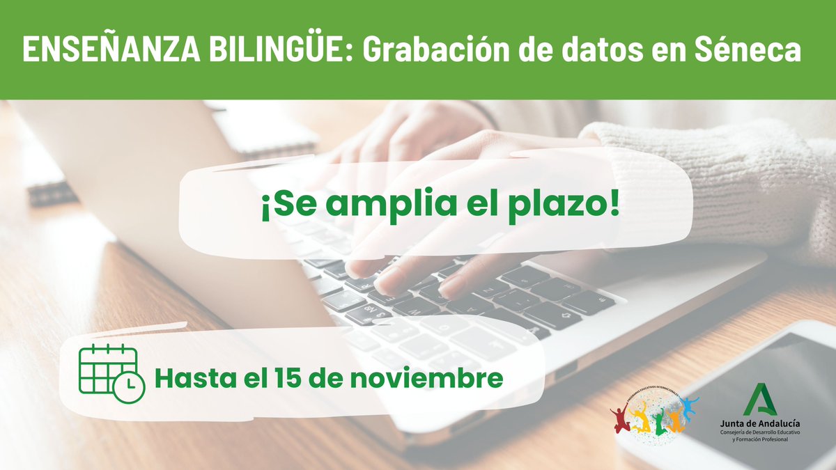 Se amplía el plazo para introducir los datos relativos a la enseñanza bilingüe en Séneca.
📅 Hasta el 15 de noviembre.
📅 Consulta el tutorial en el enlace
lajunta.es/55kpn
#pluriAnd
@educaand
