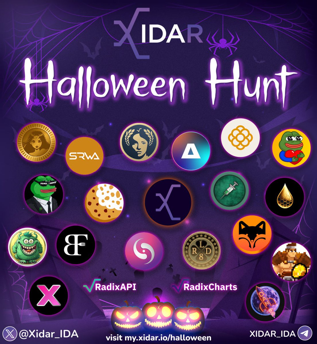 🎃 XIDAR Halloween Event 👻

CrumbsUp has teamed up with <a href="/XIDAR_IDA/">XIDAR</a> and other projects to let you hunt for Halloween items and collect NFT tickets that can be redeemed for amazing rewards totaling over $1,500!   

⏰ When? 
Beginning October 31, 2024 at 08:00 AM UTC   

👻 How to