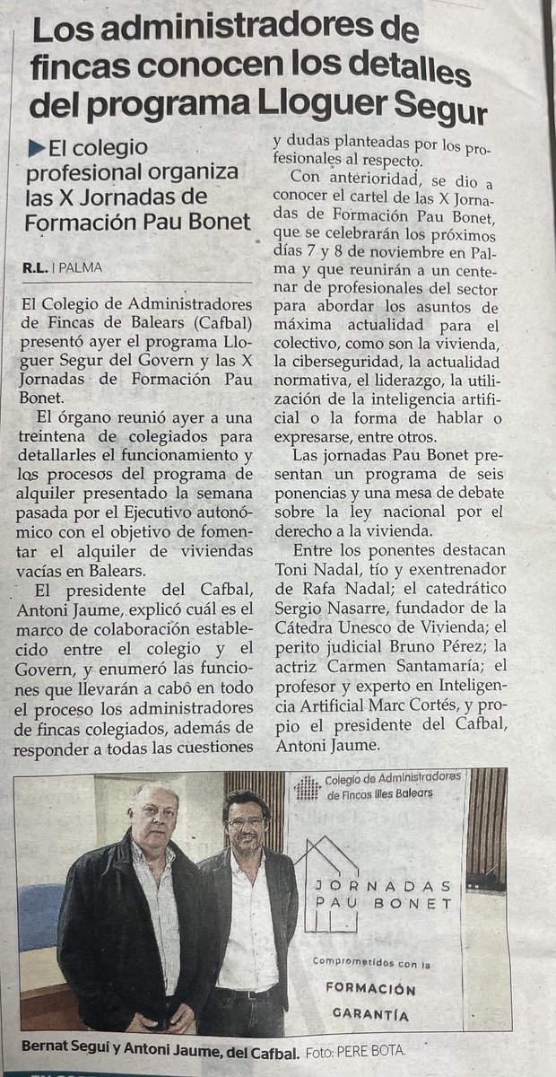 <a href="/CAFBALEARES/">CAFBAL</a> <a href="/mobihab_GOIB/">Conselleria d'Habitatge, Territori i Mobilitat</a> @CgcafeAaff 
Los Administradores de Fincas, conocen los detalles de programa zlloguer Segur.
Presentación de las C Jornadas de Formación Pau Bonet
