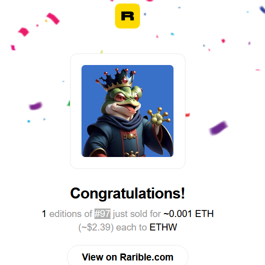 GramangzN's tweet photo. Rari PEPE Frog Princes #97
Item just sold
https://t.co/83X3xaExlV
#rarible #NFTsForSale #NFTshills #NFTMarketplace #NFTCollection #NFTCollectors #NFTCommunity #NFTDrop #RaritySniperNFT #Freemint #RariChain #NFTDROPS #OpenSeaNFT #OpenSeaMarket #rarifoundation #NFTs https://t.co/WVpAspsEmk