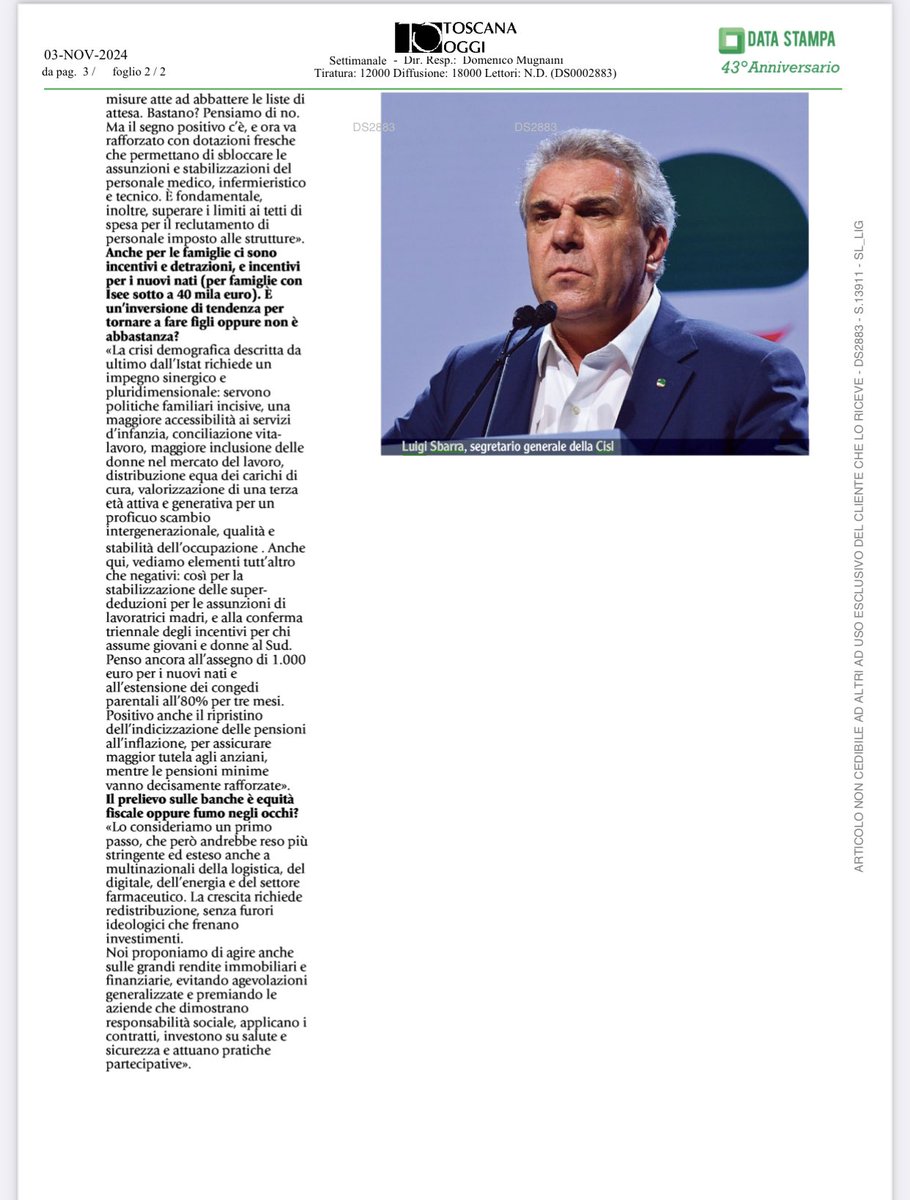 CislNazionale's tweet photo. «La legge di bilancio ha recepito molte nostre rivendicazioni. Ci sono passi in avanti significativi che dobbiamo difendere e ulteriori avanzamenti che proveremo a conquistare». Leggi l’ampia intervista  del leader della Cisl, #LuigiSbarra, a Toscana Oggi, settimanale della Diocesi di Firenze.