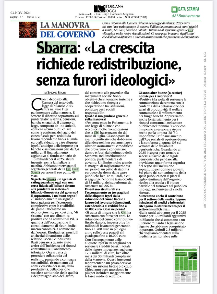 CislNazionale's tweet photo. «La legge di bilancio ha recepito molte nostre rivendicazioni. Ci sono passi in avanti significativi che dobbiamo difendere e ulteriori avanzamenti che proveremo a conquistare». Leggi l’ampia intervista  del leader della Cisl, #LuigiSbarra, a Toscana Oggi, settimanale della Diocesi di Firenze.
