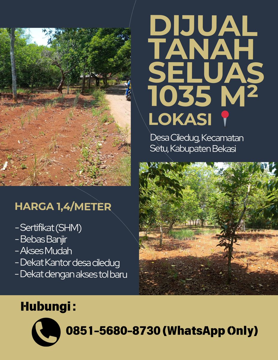 itsmedoo_'s tweet photo. Semoga rezeki 🙏
Saya mau jual tanah buat modal usaha karena nyari pekerjaan pun sudah susah harus memiliki orang dalam.
Bismillahirrahmanirrahim,
Dijual tanah seluas 1035m
Barangkali ada yg mau tanya-tanya bisa DM saya.
Semoga bisa ketemu rezekinya disini 🙏🏻 https://t.co/sk1BDvNlrM