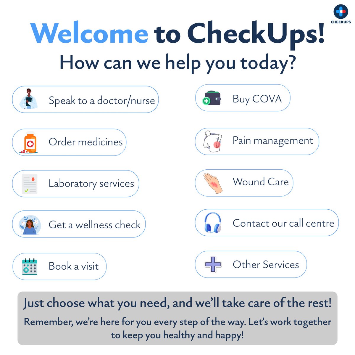 ✨ Welcome to CheckUps! ✨ Your health journey starts here! 💙 From doctor consultations to medications and wellness checks, we’ve got you covered. 🩺📞 Just choose a service, and we'll handle the rest!

For more info, call us at: +254 111 050 290
#CheckUps #Healthcarekenya