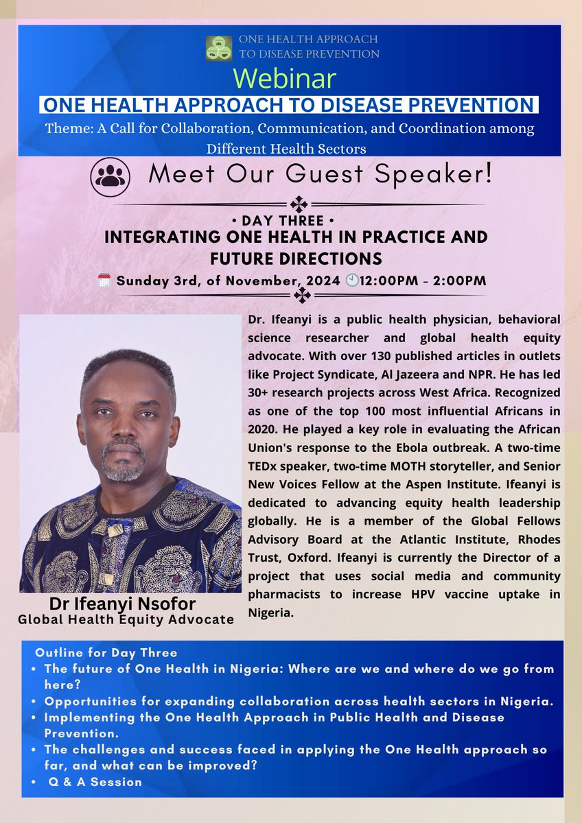 taw_fi_qoh's tweet photo. 🌍 Join us for a transformative 3-day webinar on the One Health Approach to Disease Prevention
📍Register now https://t.co/LnQYZtft7i
#OneHealth #DiseasePrevention #Webinar #HealthCollaboration #PublicHealth #GlobalHealth https://t.co/NPswUXsBrf