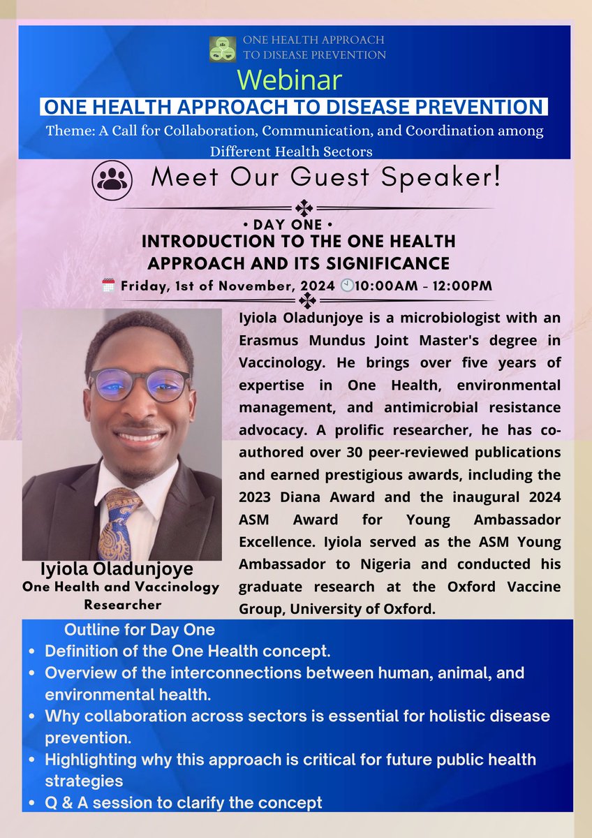 taw_fi_qoh's tweet photo. 🌍 Join us for a transformative 3-day webinar on the One Health Approach to Disease Prevention
📍Register now https://t.co/LnQYZtft7i
#OneHealth #DiseasePrevention #Webinar #HealthCollaboration #PublicHealth #GlobalHealth https://t.co/NPswUXsBrf