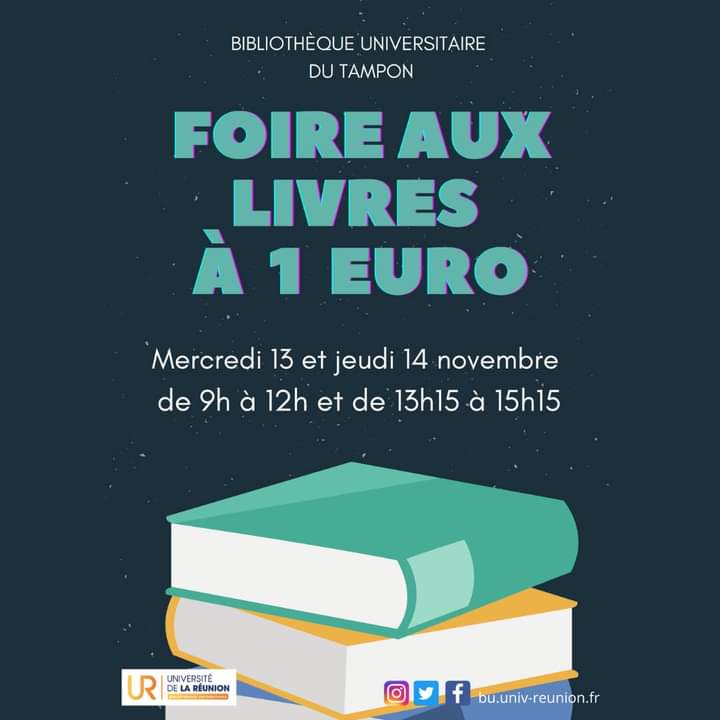 📚 FOIRE AUX LIVRES A LA BU TAMPON 📚

Venez faire de bonnes affaires à la foire aux livres de la BU Tampon !

Rendez-vous le Mercredi 1️⃣3️⃣ et Jeudi 1️⃣4️⃣ Novembre, de 09h à 12h et de 13h15 à15h15.

Venez chiner ! Tarif unique : 1€ 😍

 #foireauxlivres #butampon