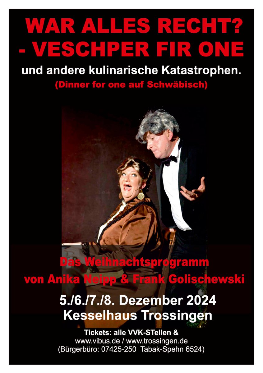 frago333's tweet photo. Do. 5.-So. 8. DEZ24, Kesselhaus Trossingen: Anika Neipp &amp; Frank Golischewski. Umwerfend komische Weihnachts-Show für Familien, Freunde, Firmen! Catering: info@eventgastro-trossingen.de  Tickets: alle VVK-Stellen (Bürgerbüro 07425-250 &amp;  Tabak-Spehn 6524) &amp; https://t.co/rChDs5HlY5 https://t.co/J5ooSijniz