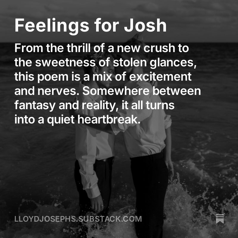 lloydjosephs1's tweet image. From the thrill of a new crush to the sweetness of stolen glances, this poem mixes excitement and nerves. 

lloydjosephs.substack.com/p/feelings-for…

#aspiringwriter #storytelling #saauthors #writing #tellyourstory #shortstorywriter #lgbtq #lloydjosephs #gayliterature