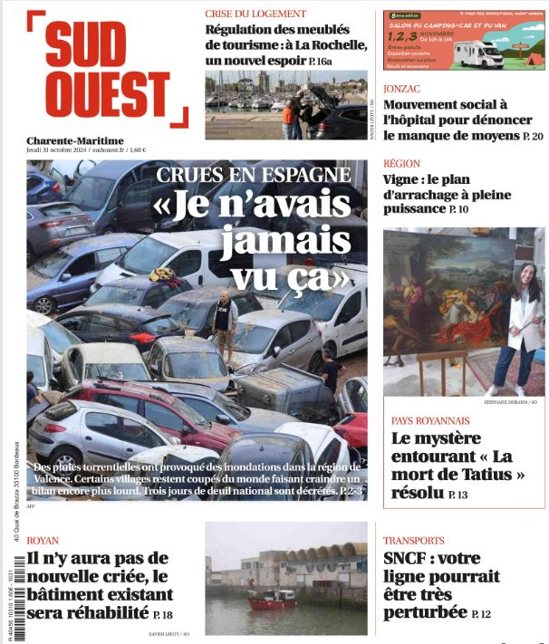 Bonjour à tous,
La une de « Sud Ouest » du jeudi 31 octobre 
Lisez « Sud Ouest » sur le web, tablette et mobile 
>>> Découvrez Sud Ouest Numérique à partir
de 1 €/mois  bit.ly/2EFI75Z