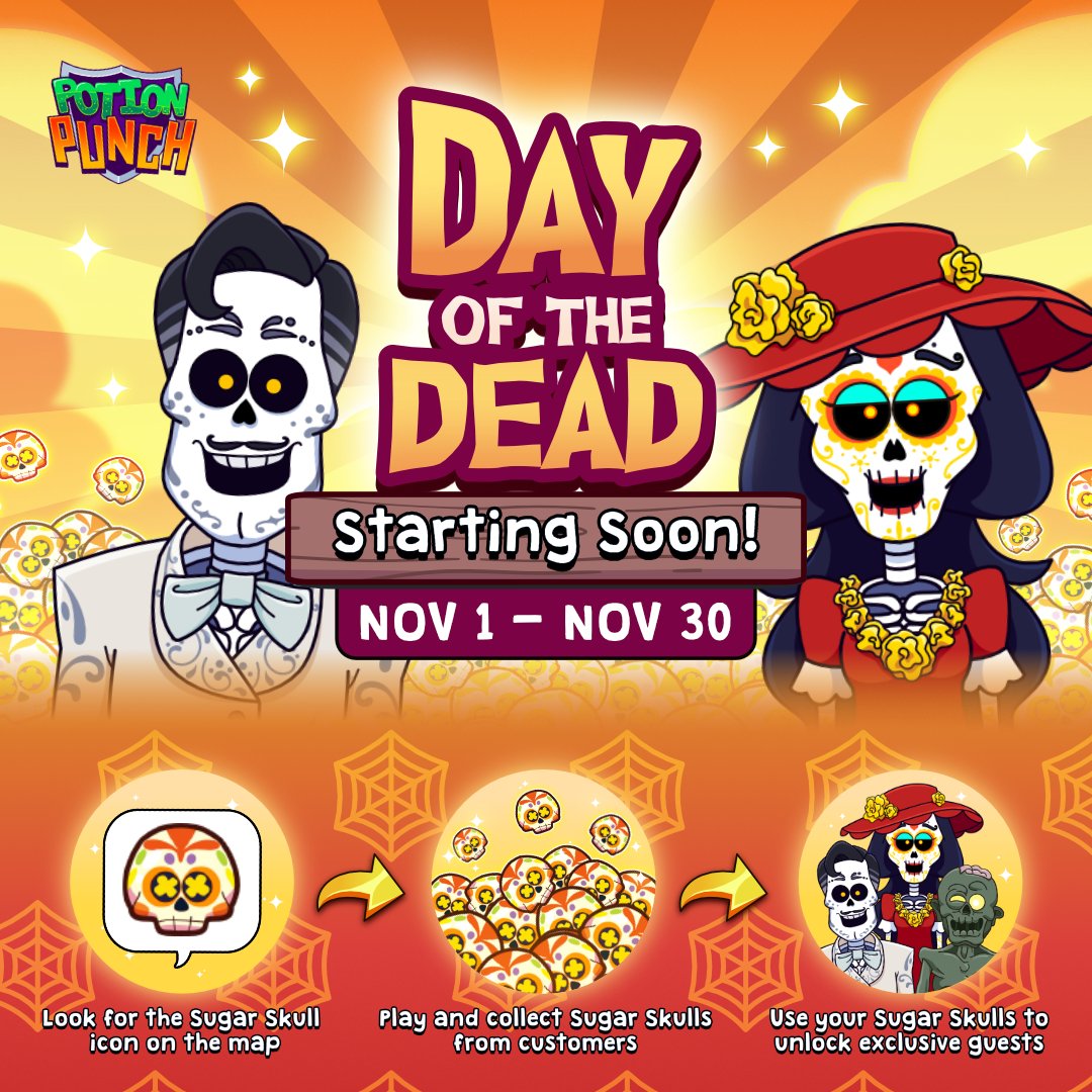 💃 Liven up with our Day of the Dead Celebration! 💃

💀 Collect &amp; exchange Sugar Skulls for exclusive rewards!
🦴 Meet special guests: Ernesto, Lass Muerte, and a Zombie!?
🍬 Get the limited-time bundle from the shop!

Time for otherworldly fun! Play Potion Punch now!